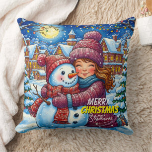 Almofada Travesseiro Decorativo Menina e Boneco de Neve de