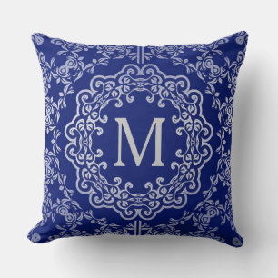 Almofada Travesseiro decorativo Monograma Azul e Silver Fil