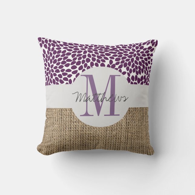 Almofada travesseiro decorativo roxo de burlap (Frente)