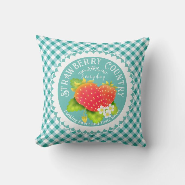Almofada Travesseiro decorativo Strawberry Teal Gingham (Frente)