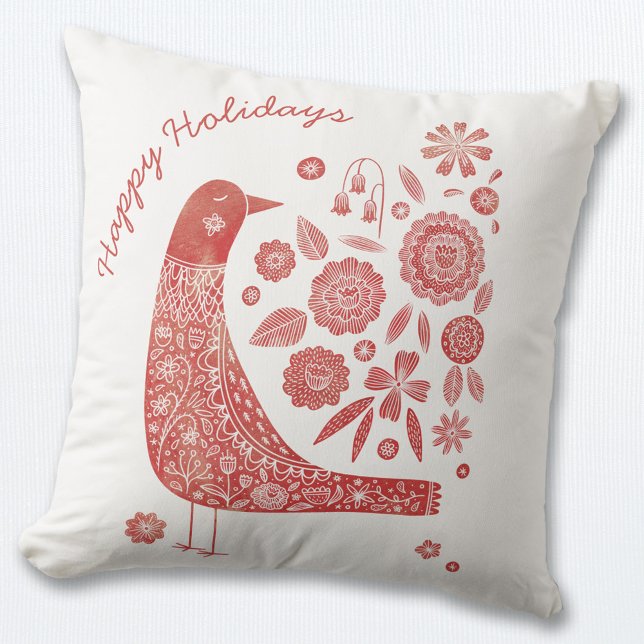 Almofada Travesseiro decorativo Vermelho Scandinavo de Aves (Nordic Scandinavian style red and white bird pillow with Happy Holidays text)