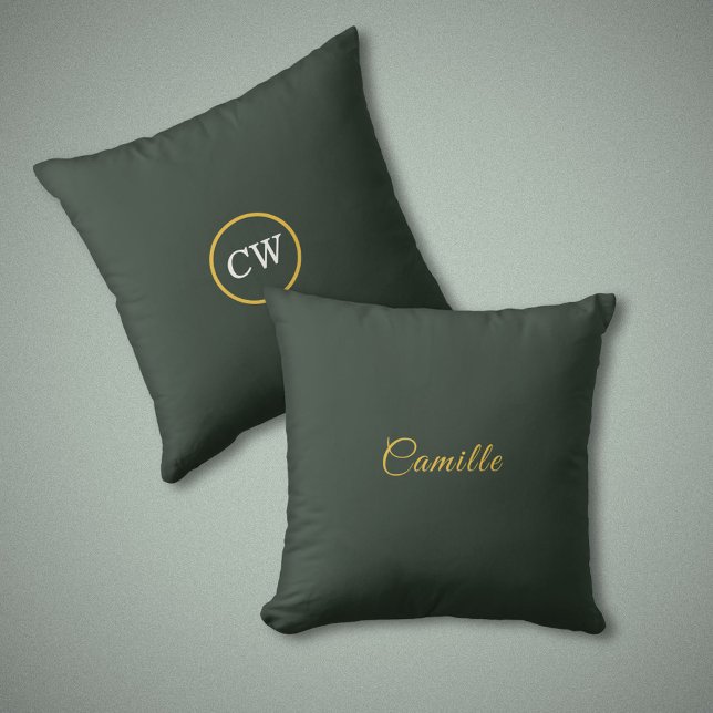 Almofada Travesseiro Dourada e Monograma Verde Florestal (Stylish Gold & Forest Green Monogram Pillow)