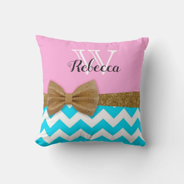 Almofada Travesseiro Dourado do monograma do brilho de (Frente)