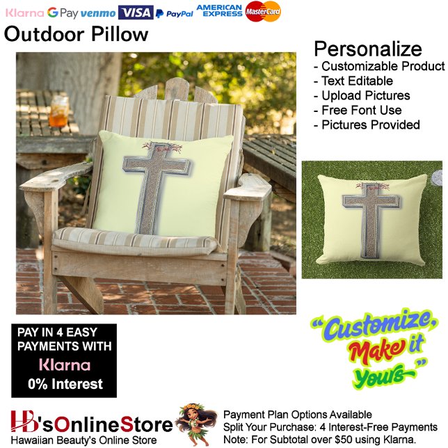 Almofada Travesseiro Externo com Fundo Amarelo (Cross Outdoor Throw Pillow with Yellow Background.)