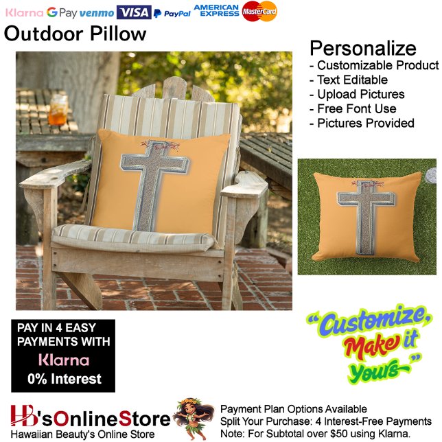 Almofada Travesseiro Externo com Fundo Laranja (Cross Outdoor Throw Pillow with Orange Background.)