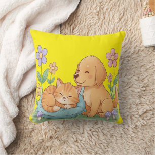 Almofada Travesseiro Floral de Cachorrinho e Gatito – Macie