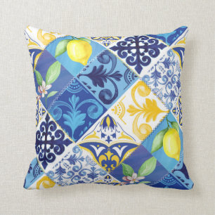 Almofada Travesseiro floral de limão amarelo e azul. Sicili