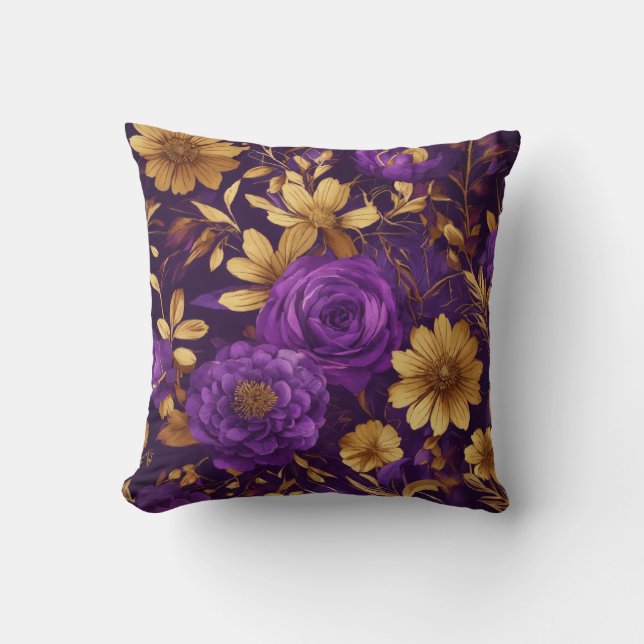 Almofada Travesseiro Floral Dourado e roxo (Frente)