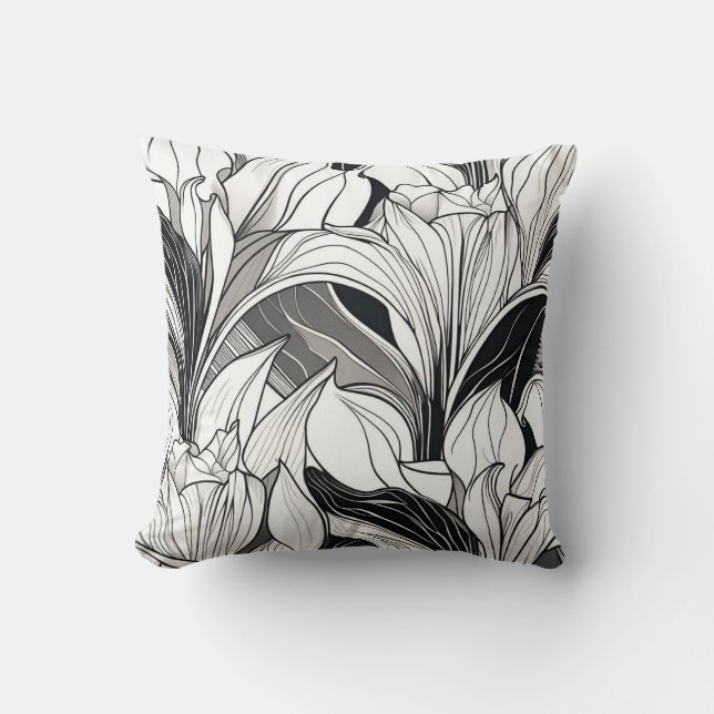 Almofada Travesseiro Floral Preto e Branco Art Deco (Frente)