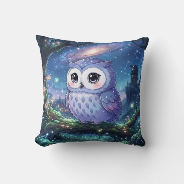 Almofada Travesseiro Galáxia Coruja Azul Estrelada (Frente)