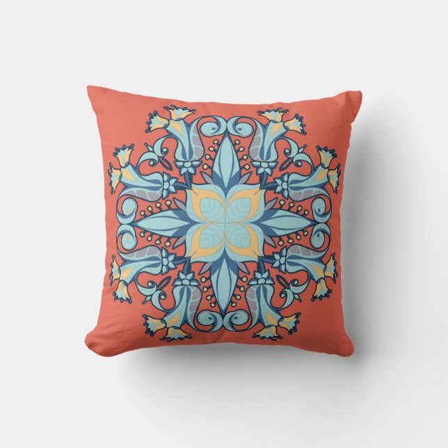Almofada Travesseiro Mandala Bloom em Vermelho Coral (Frente)