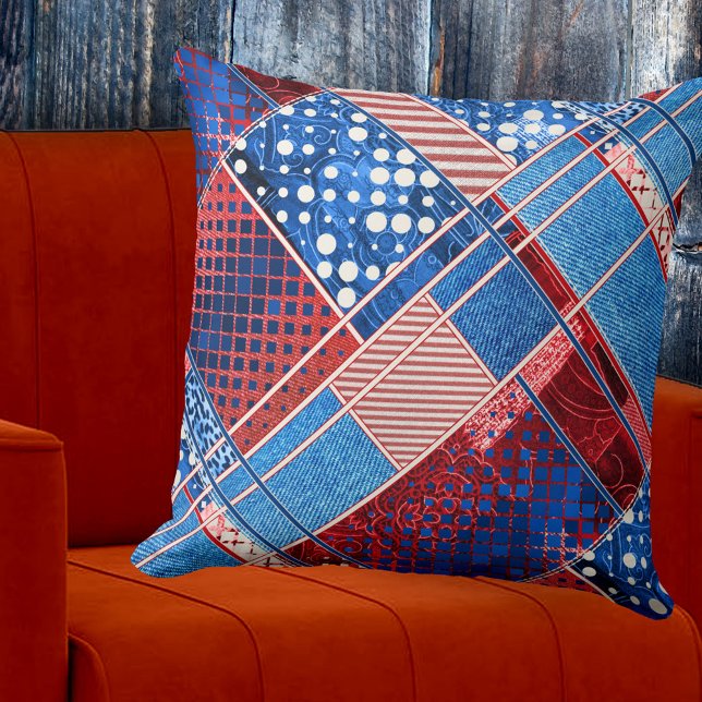 Almofada Travesseiro Padrão de Jeans Inclinação Azul (Contemporary pillow featuring a modern abstract design with blue jeans and artistic red and white)