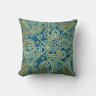 Almofada Travesseiro Paisley em Azul e Dourado Kaleidoscópi