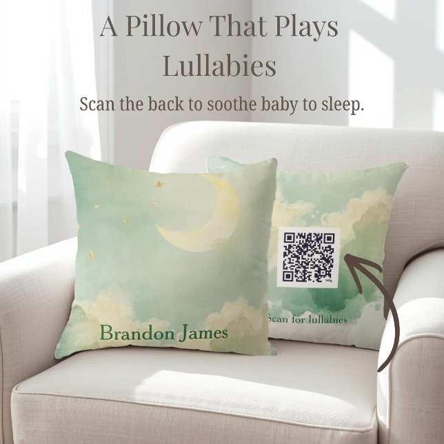 Almofada Travesseiro Personalizado de Nome de Bebê Verde Sa (Personalized sage green baby name pillow. Scan the QR code on the back to play soothing lullabies.)