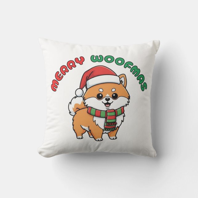 Almofada Travesseiro Pomeraniana de Natal: Feliz Woofmas (Frente)