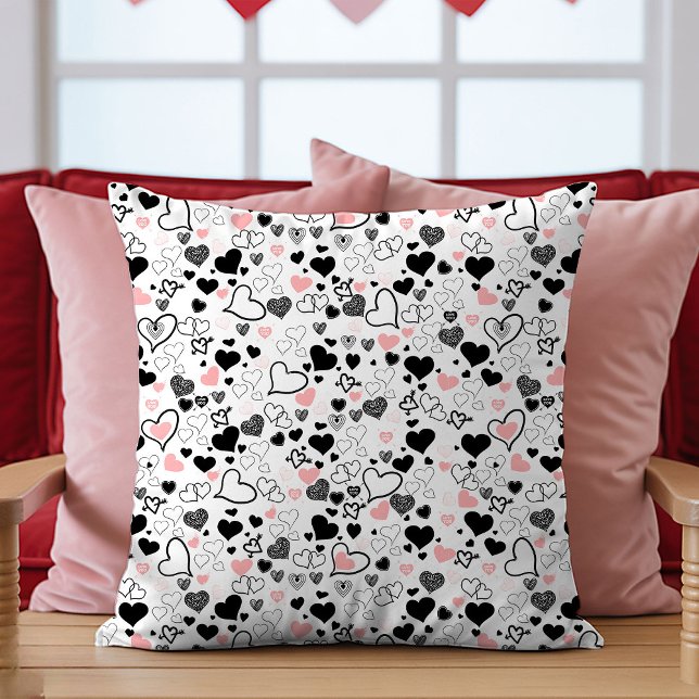 Almofada Travesseiro Presente de Amor Corações Desenhados à (Love Gift Pillow Pink and Black Hand Drawn Hearts)