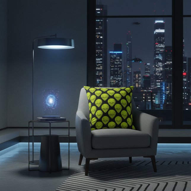 Almofada Travesseiro Preto com Cabeças Alienígenas Verde (Criador carregado)