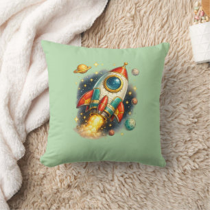 Almofada Travesseiro Retro Foguete Espacial Verde Sage
