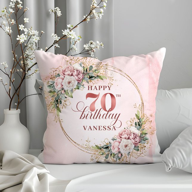 Almofada Travesseiro Rosa Dourado com Flores 70 Aniversário (Blush Pink Rose Gold Pillow with Flowers 70th Birthday Pillow)