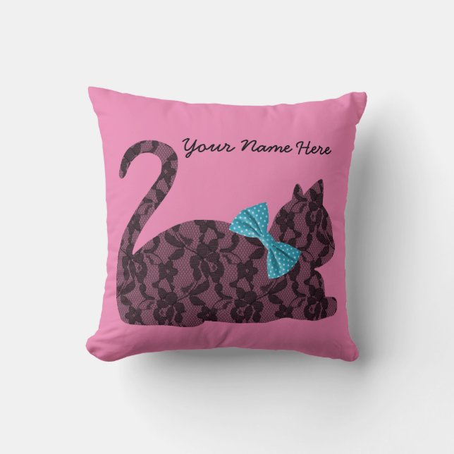Almofada Travesseiro rosa personalizado com Gato de rendas  (Frente)