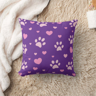 Almofada Travesseiro roxo e impressão de pata branca e rosa