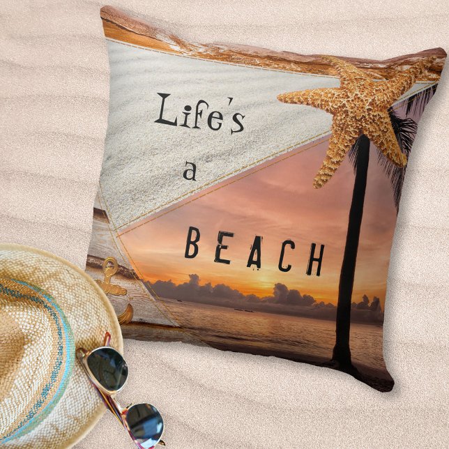 Almofada Travesseiro Sunset Do Bloco De Aranha Náutica (Scrapbook style pillow featuring different beach scenes with sand, sunset, starfish and surf)