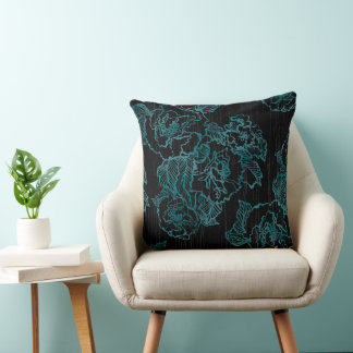 Almofada Travesseiro Teal Floral de Peões Negros Elegante
