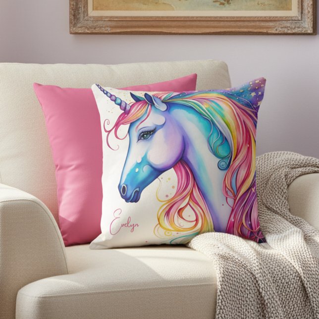 Almofada Travesseiro Unicorn com Nome Personalizado (Unicorn pillow - front and back.)