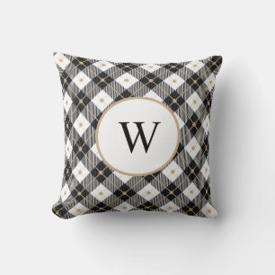 Almofada Travesseiro Xadrez Preto Branco e Dourado Monogram