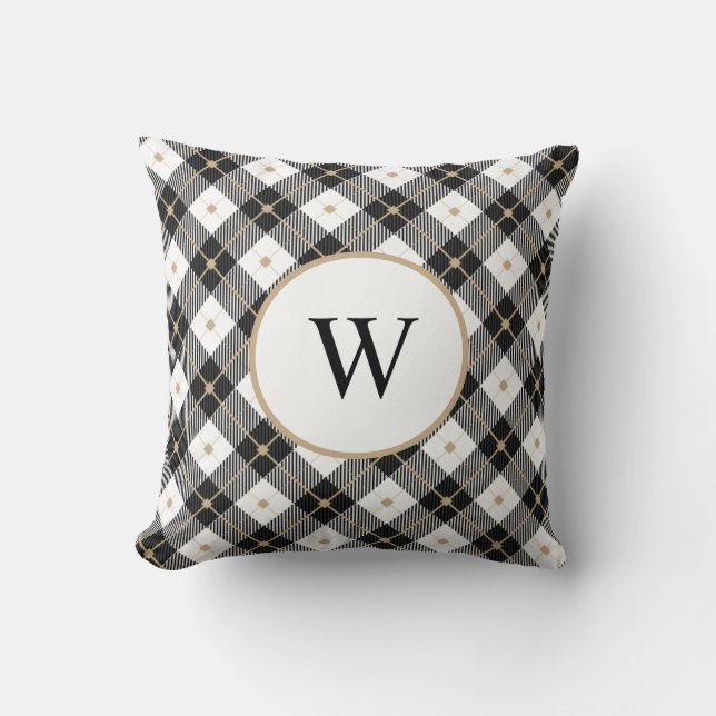 Almofada Travesseiro Xadrez Preto Branco e Dourado Monogram (Frente)