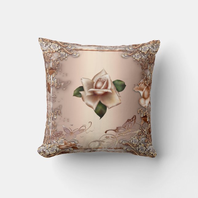 Almofada Travesseiros Rosas Beige Cream Dourado Floral (Frente)