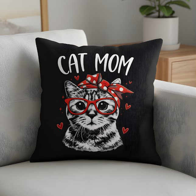 Almofada Trendy Cat Mom with Glasses & Bandana Black  (Criador carregado)