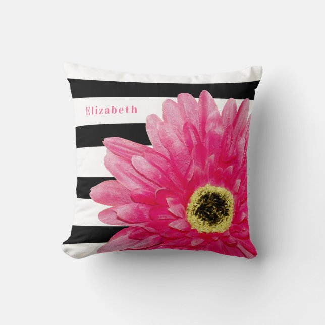 Almofada Trendy Pink Daisy Black and White Stripes and Name (Frente)