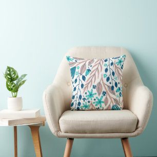 Almofada Trendy Teal Blue Blush Monograma Floral Branco