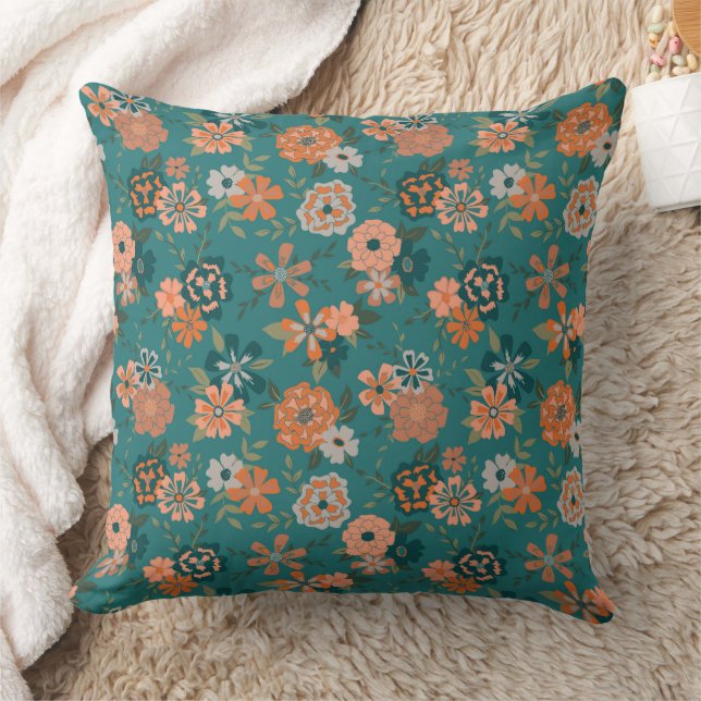 Almofada Trendy Teal Orange Flowers (Cobertor)