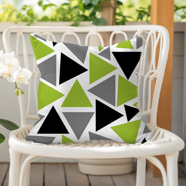 Almofada Triângulos Aleatórios Verde Lima Cinza Preto sobre (Criador carregado)