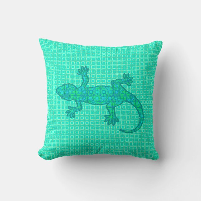 Almofada Tribal batik Gecko - turquesa / pavão (Frente)