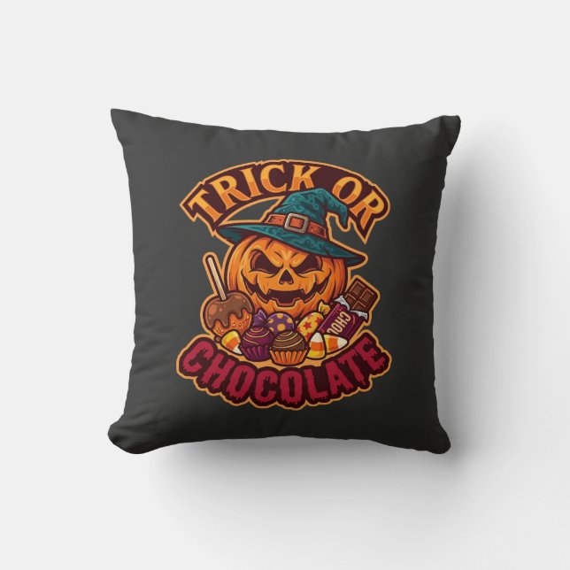 Almofada Trick Or Chocolate Halloween Abóbora Chapéu de Bru (Frente)