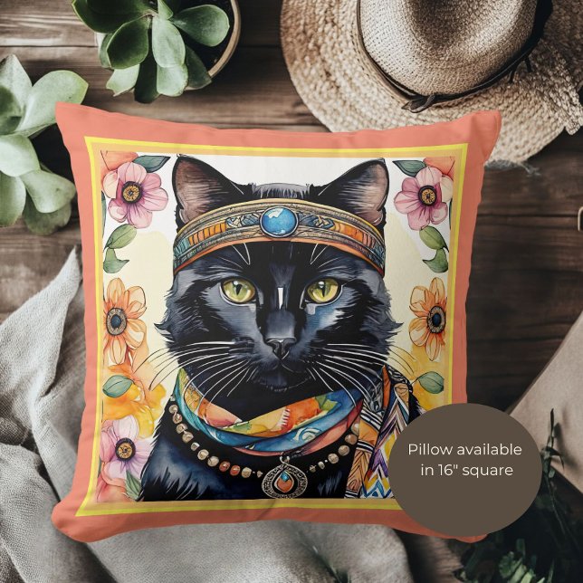 Almofada Trippy Hippy Cat com Travesseiro decorativo de 16  (Criador carregado)
