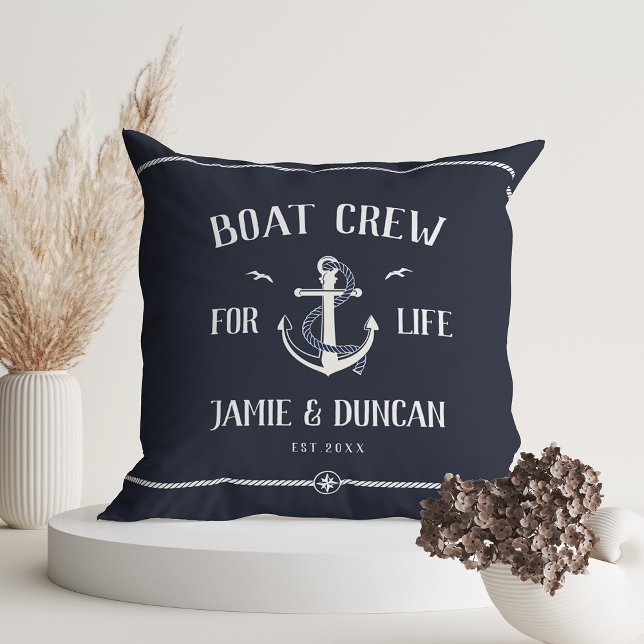 Almofada Tripulação De Barcos Para Nome Personalizado Náuti (Boat crew for Life! Modern anchor throw pillow in classic nautical rich dark navy blue)