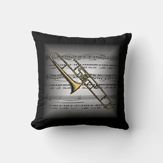 Almofada Trombone ~ Partitura 3D ~ Travesseiro Cinza/Preto (Frente)