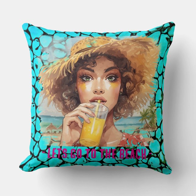Almofada Tropical Beach,Lets Go to The Beach,Black Turquois (Frente)