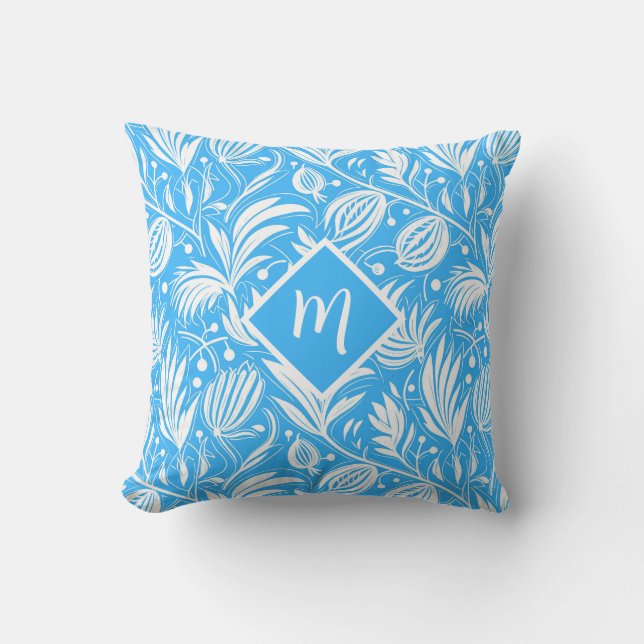 Almofada Tropical Blue Floral Pattern Diamond Monogram (Frente)