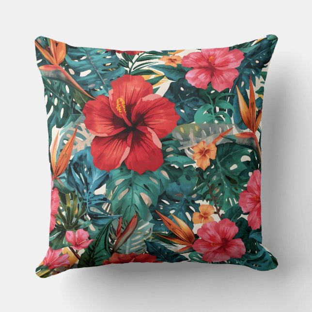 Almofada Tropical de Hibisco & Folhas de Monstera  (Verso)