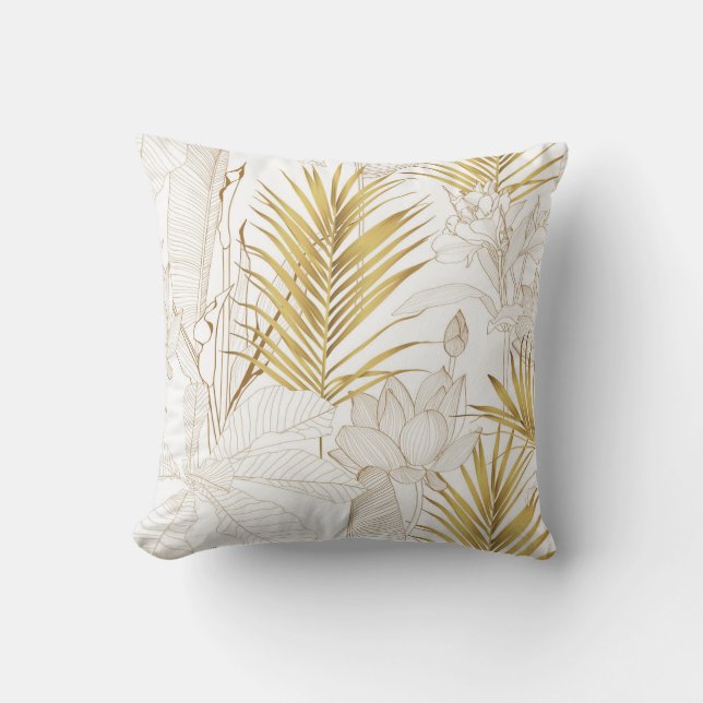 Almofada Tropical exotic floral line golden palm leaves and (Frente)