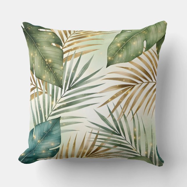 Almofada Tropical Green & Gold Leaves Decorative Pillow  (Frente)