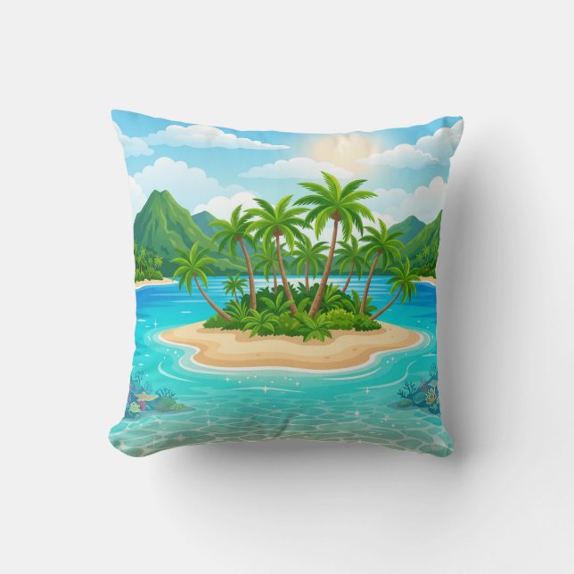 Almofada Tropical Island Paradise Palm Trees Throw Pillow (Frente)