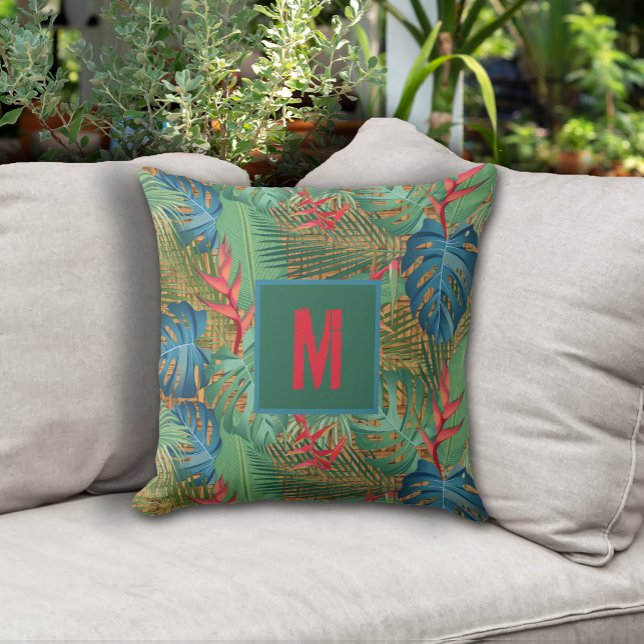Almofada Tropical Monogramada no Wicker Impressão (Monogrammed Tropical Floral on Wicker Print Outdoor Pillow - 2 sizes)
