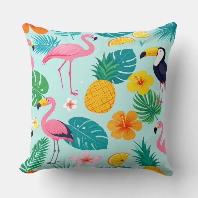 Almofada Tropical Paradise Pattern - Flamingos Hibiscus Mon (Frente)