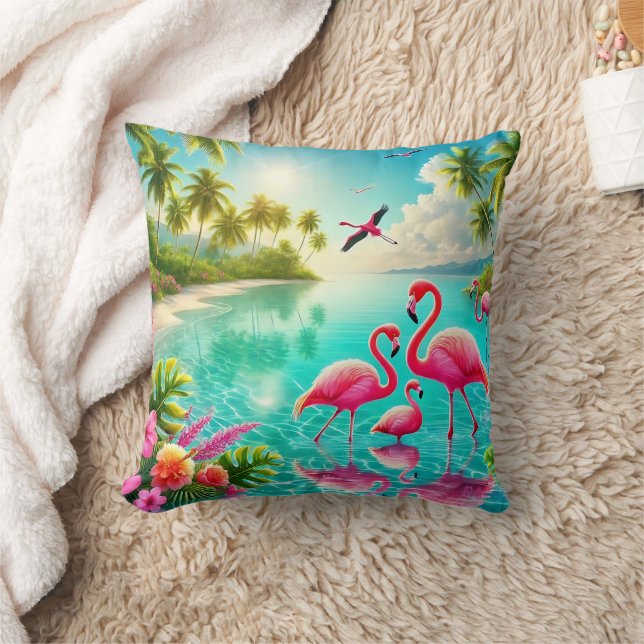 Almofada Tropical Paradise with Vibrant Flamingos by Crysta (Cobertor)